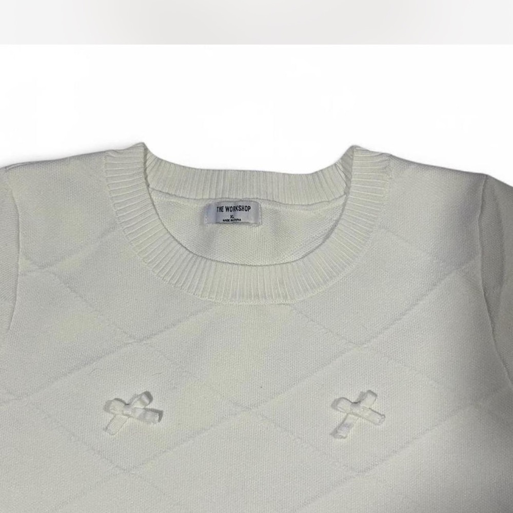 |The Workshop| White Knit Short-sleeved Sweater Diamond Knit Bows Woman's XL - Picture 3 of 6